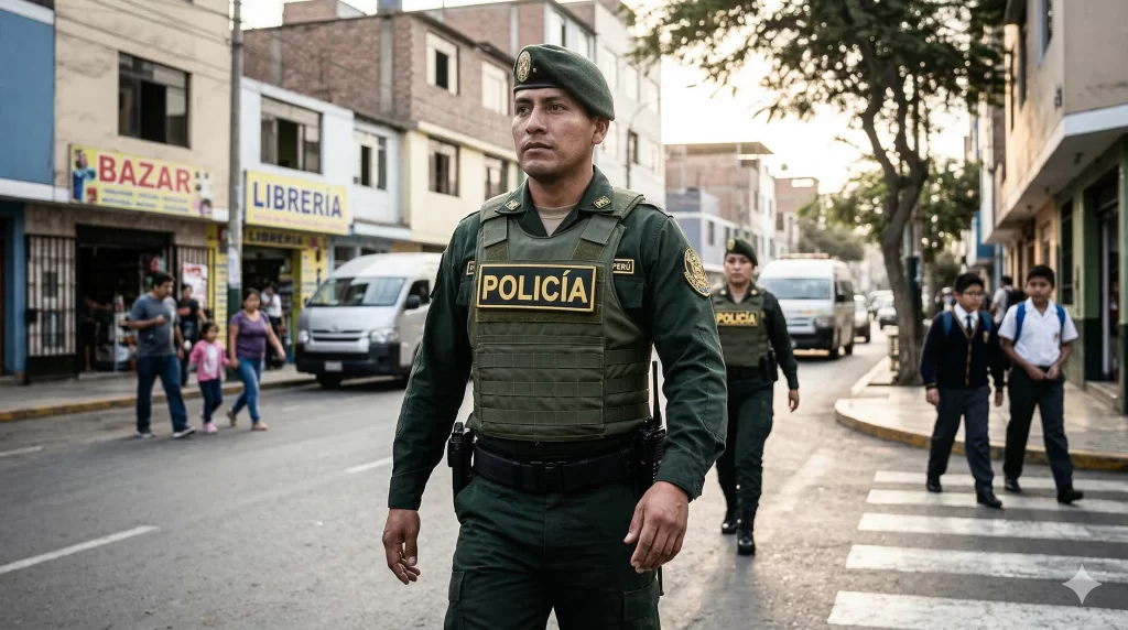 Dos oficiales de policía patrullando activamente una calle en busca de mantener el orden y la seguridad en el Perú. Escena común en muchos barrios peruanos, y es un recordatorio de la importancia de trabajar juntos para combatir la delincuencia.